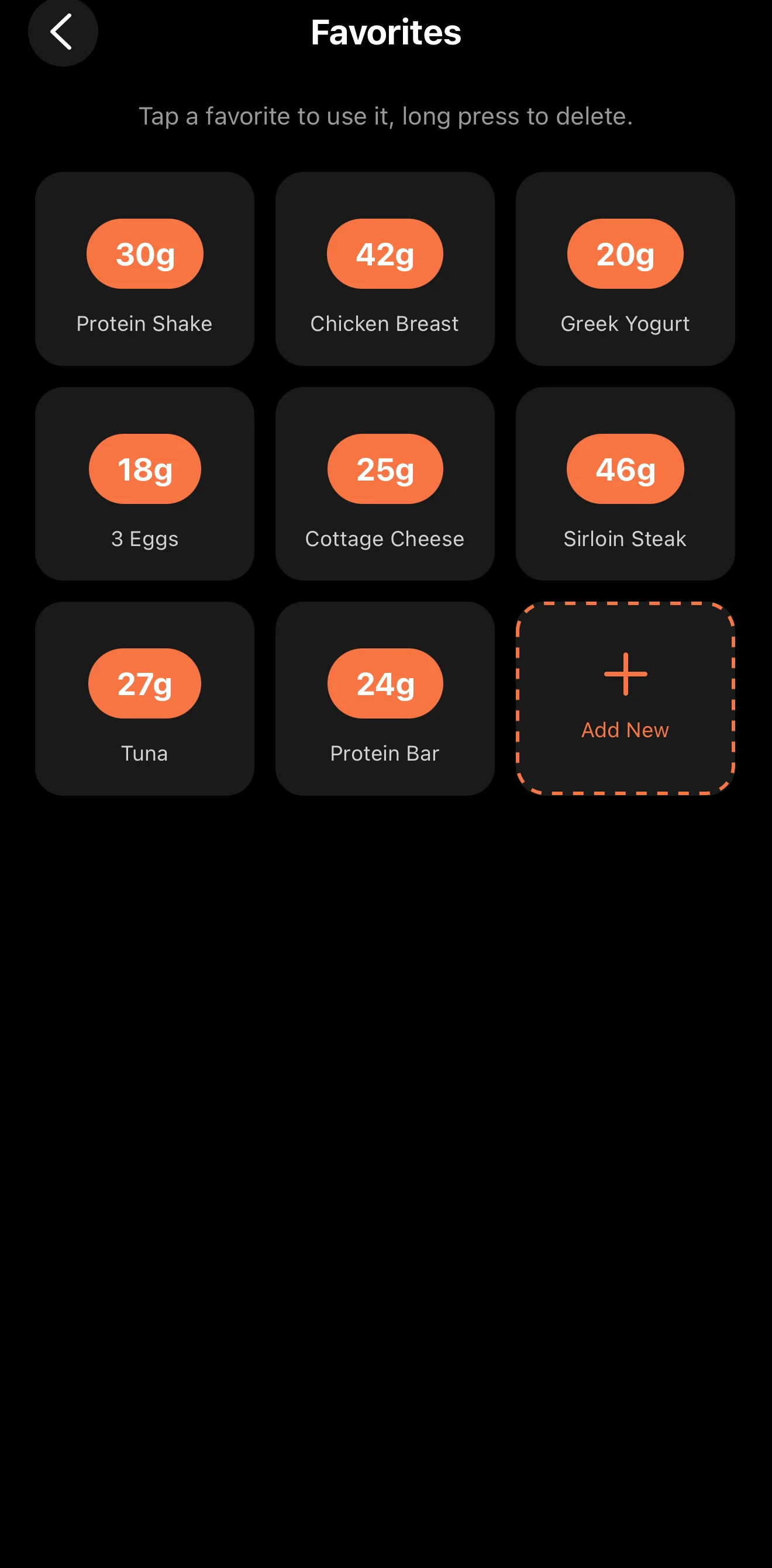Proteinly favorites: saved amounts such as a 30 g protein shake and 42 g chicken breast