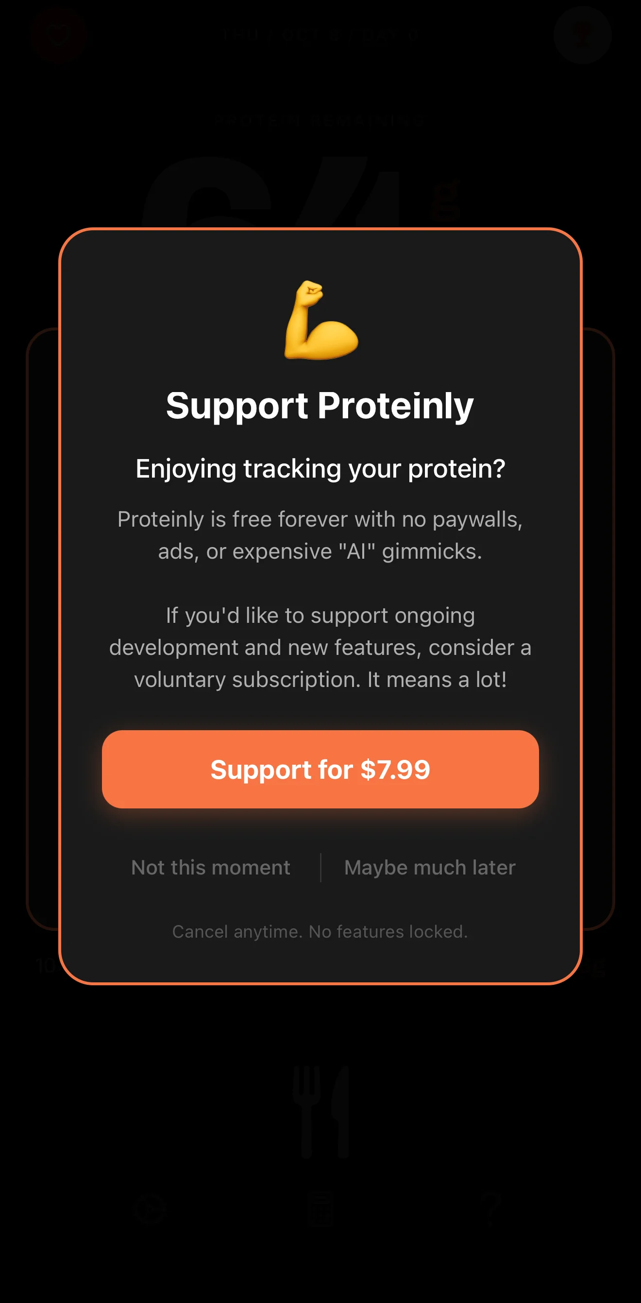 The in-app Support Proteinly screen: Proteinly is free forever with no paywalls, ads, or expensive AI gimmicks; supporting it is voluntary and no features are locked