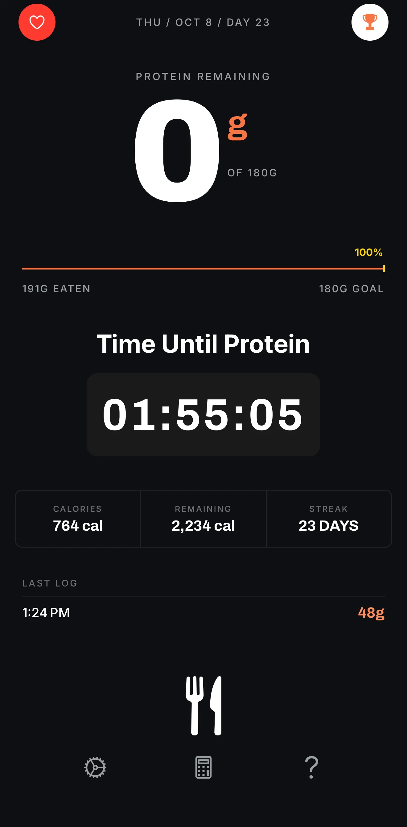 Proteinly home screen with 0 g of protein remaining: the 180 g daily goal is hit and the streak is at 23 days