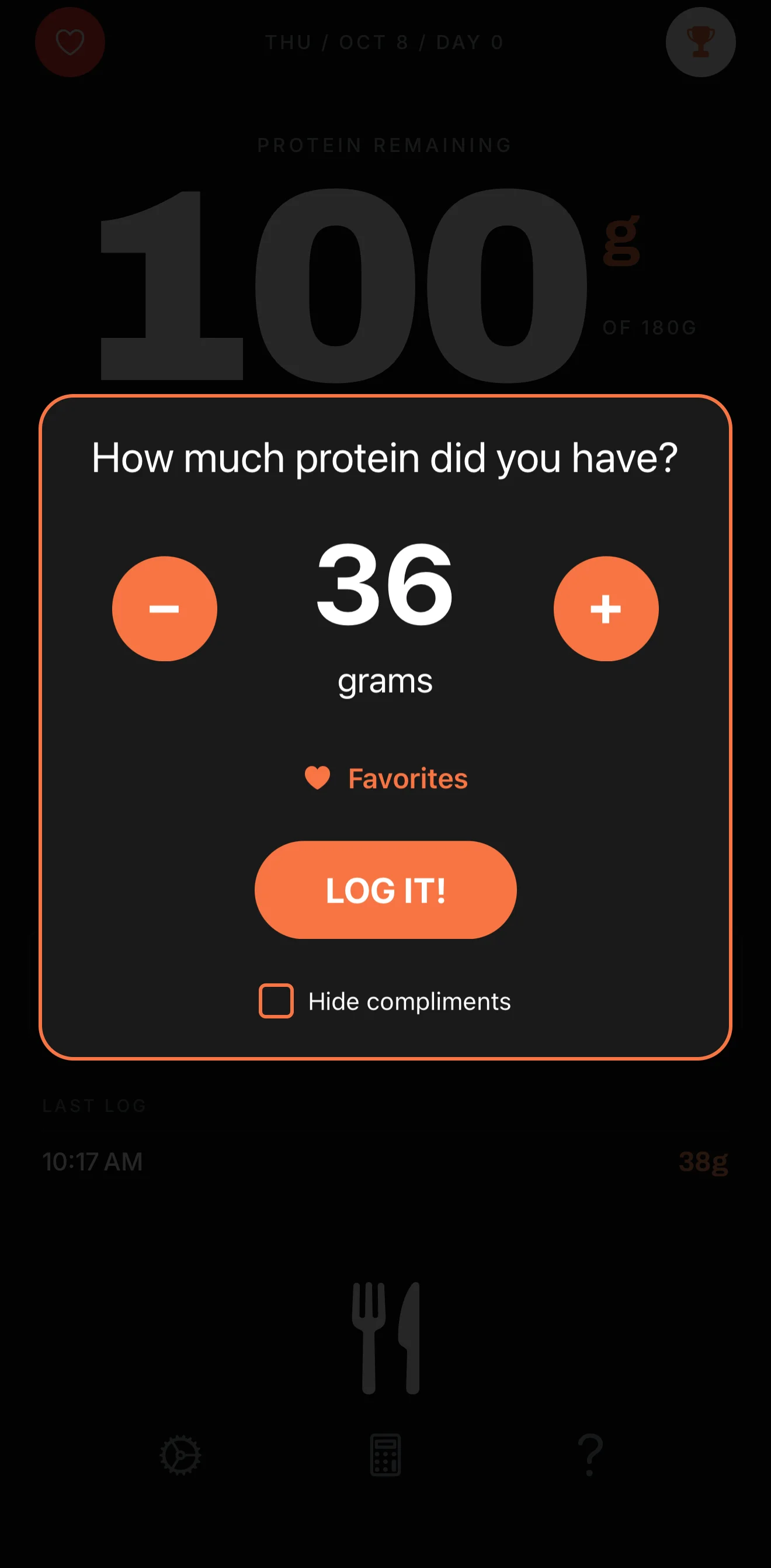 Proteinly's log card: tap plus or minus to set 36 grams, then Log It
