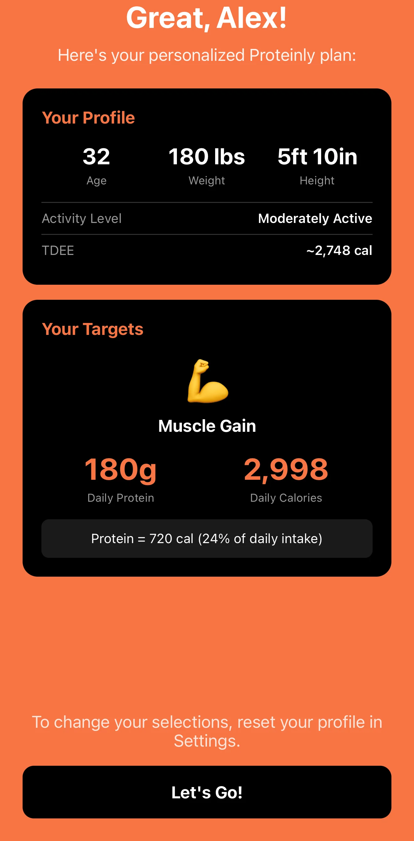 Proteinly's personalized plan: a 180 g daily protein target for a muscle-gain goal