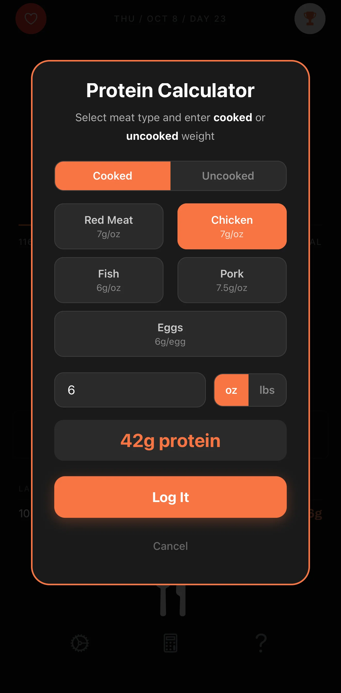 Proteinly protein calculator: 6 oz of cooked chicken works out to 42 g of protein