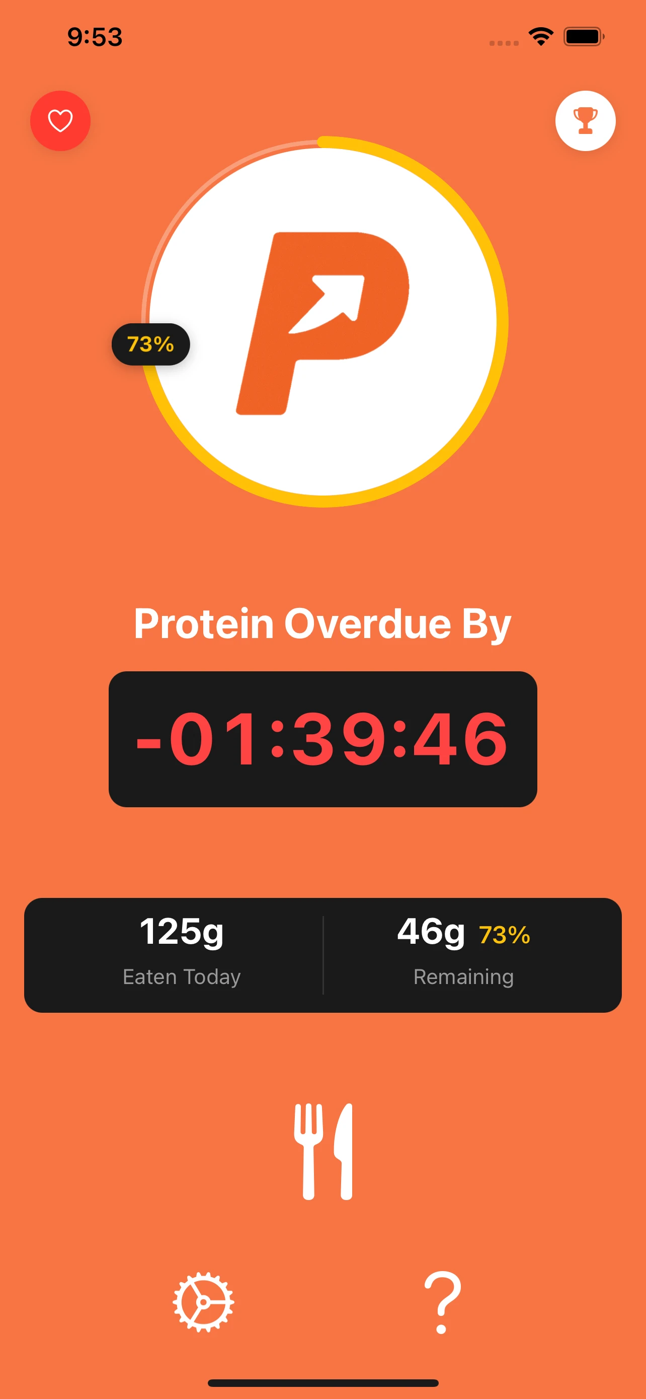Proteinly app showing protein tracking dashboard with progress ring, daily goal, and meal log